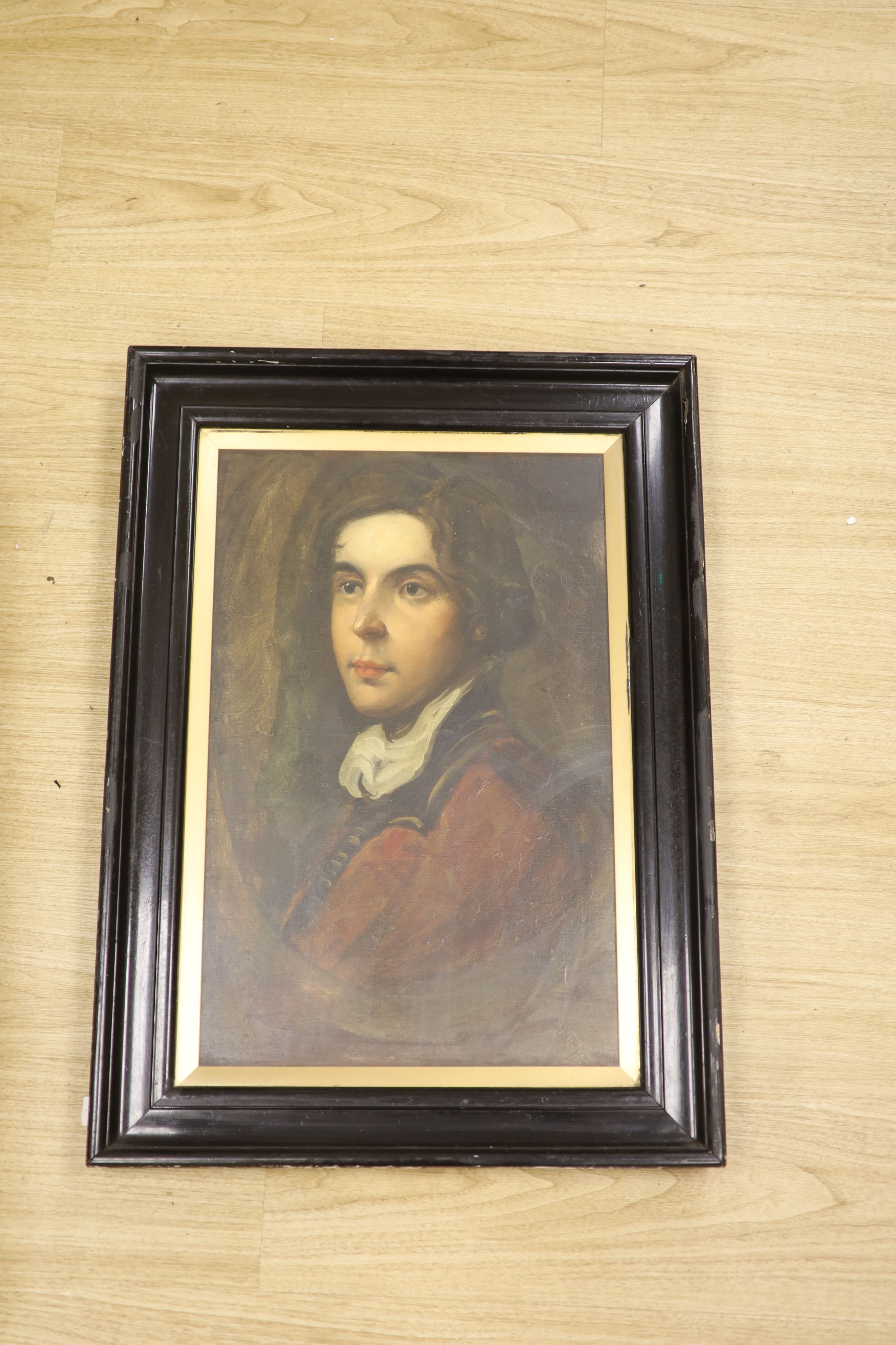 English School c.1910, oil on board, Portrait of an 18th century young man, 56 x 36cm